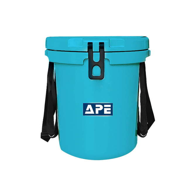 A turquoise ice bucket with a handy rope and a logo on the front.