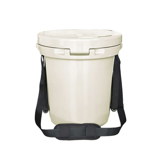 A 15L ice bucket in cream colour with a black handy rope strap. The bucket features a secure lid and a logo.