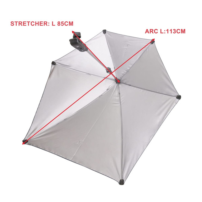 An adjustable umbrella in silver with a universal clamp, featuring measurements for stretcher and arc length.