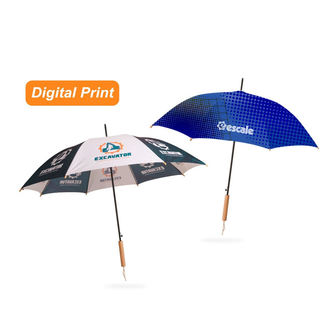 An RPET umbrella featuring a straight handle, one side in blue with a logo, the other in white with a different design.
