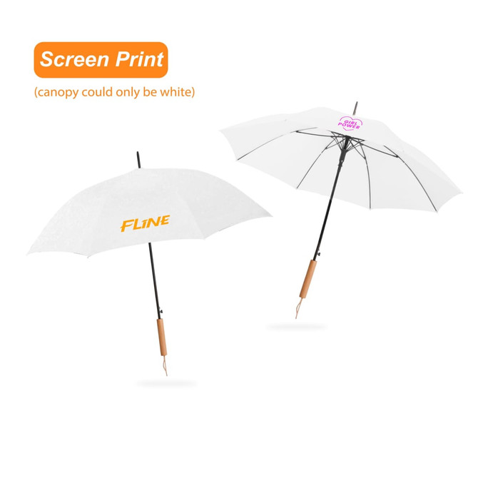 A white RPET umbrella with a straight handle and a wooden grip, featuring screen-printed designs on the canopy.