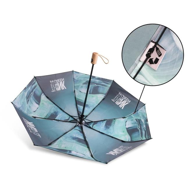A triple folding RPET umbrella in shades of blue with a wooden handle and a logo. Auto open and close feature included.