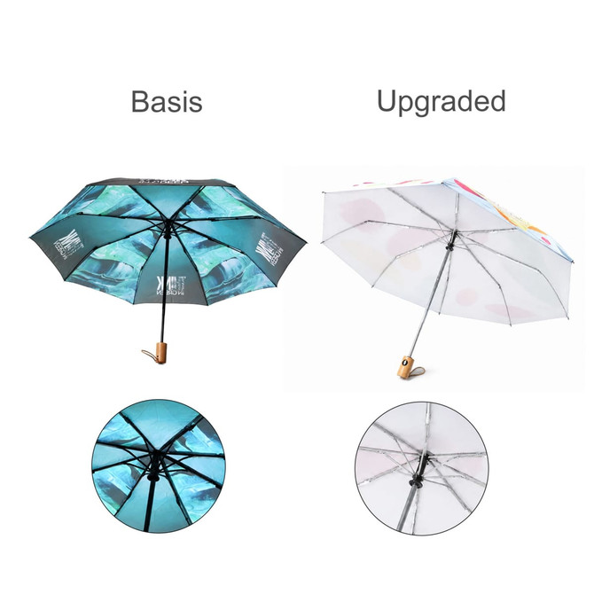 A triple folding RPET umbrella in black and white, featuring different designs and an auto open and close mechanism.