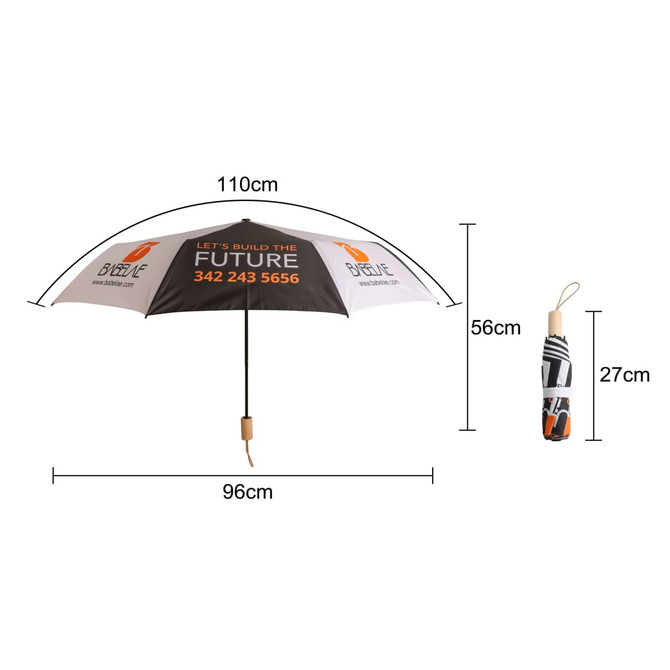 A triple folding umbrella in black and white, featuring a branding logo and measuring 110cm in diameter when open.