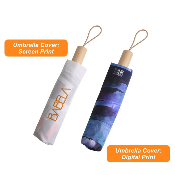 A triple folding RPET umbrella in white with a screen print cover and a blue digital print cover, featuring wooden handles.