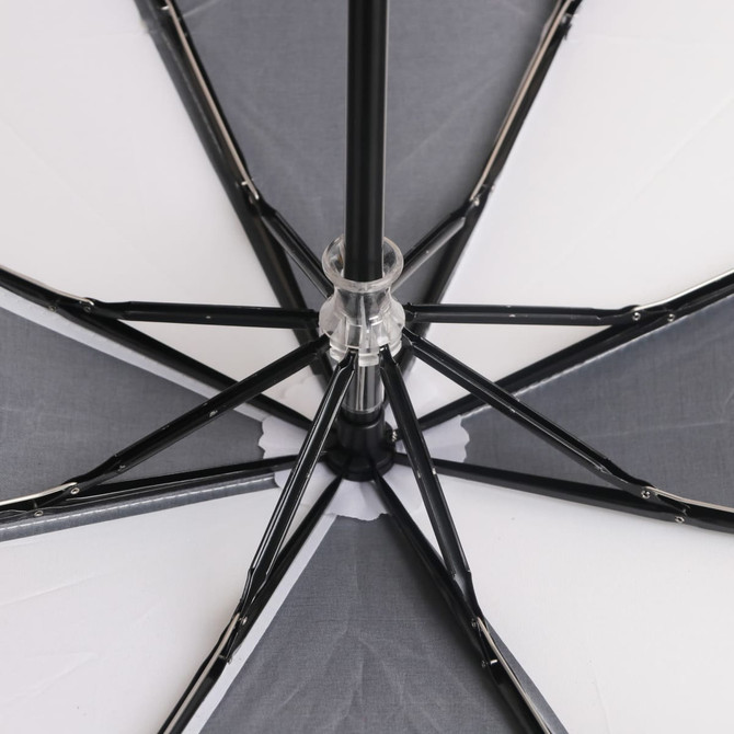 A regular triple folding RPET umbrella with a black frame and a grey and white canopy design. Includes a logo.