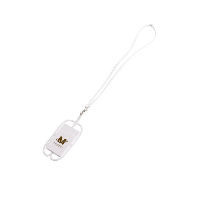 A white phone holder featuring a silicone lanyard and a logo, designed for carrying devices securely.