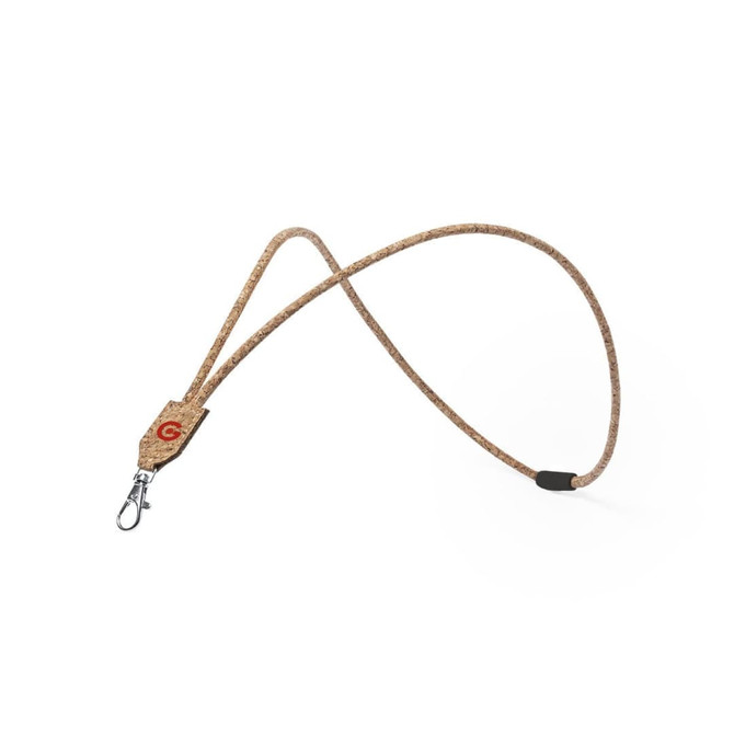 A cork lanyard in a natural brown hue, featuring a clip and a branded attachment.