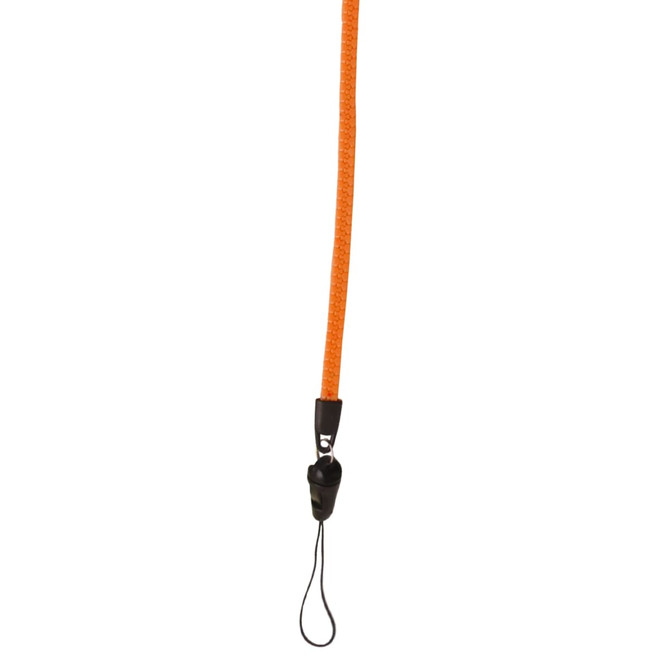 An orange zipper lanyard with a black attachment at one end.