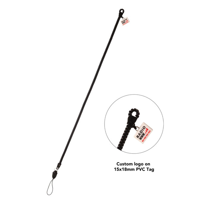 A black zipper lanyard featuring a PVC tag with a custom logo attached at one end.