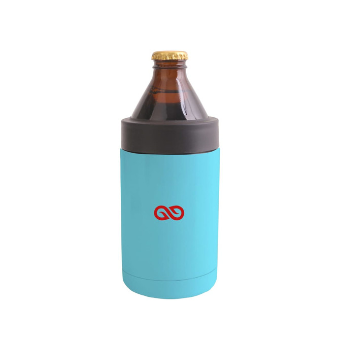 A 14oz stainless steel stubby holder in turquoise with a grey top, holding a brown glass bottle.
