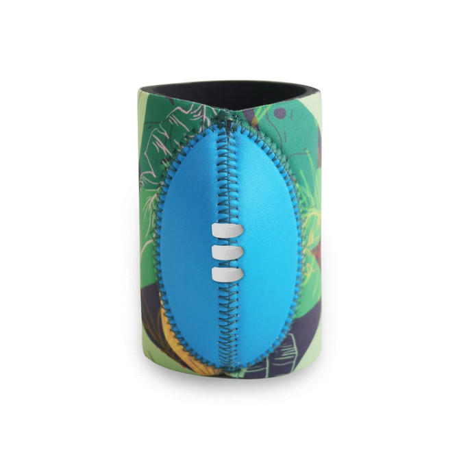A drink bottle holder in green with a blue football design and decorative foliage pattern. Features a logo.