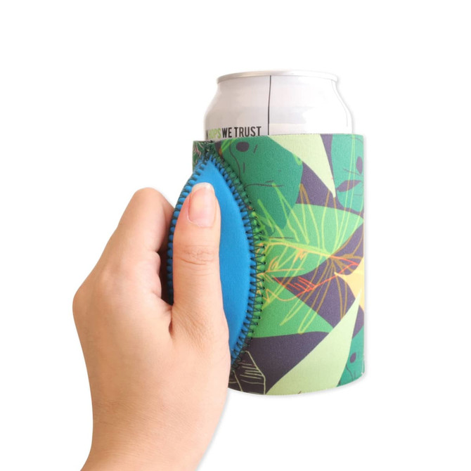 A drink bottle holder in vibrant green and blue with a textured grip, featuring a colourful geometric design.