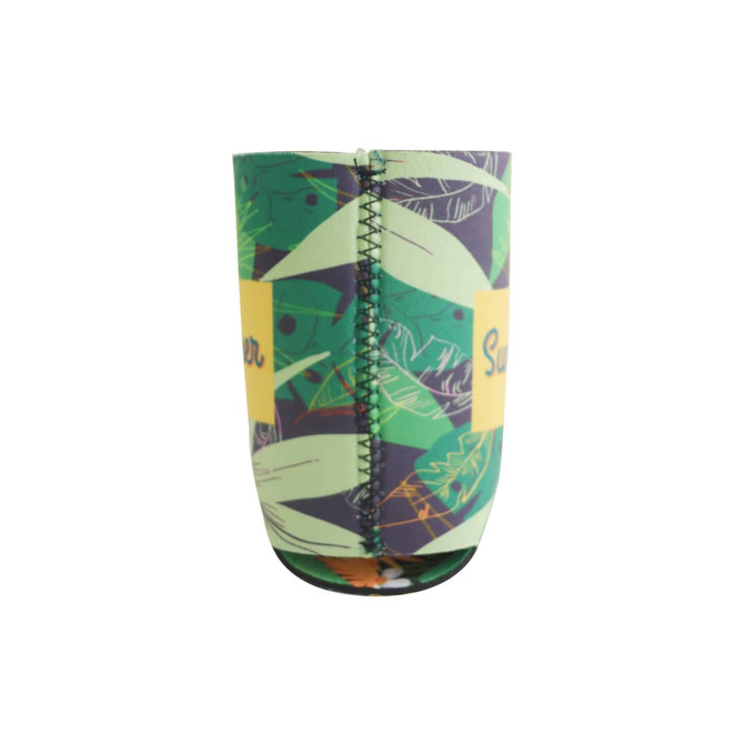 A reversible foldable stubby holder in green with a leaf pattern and yellow accents, featuring a logo.