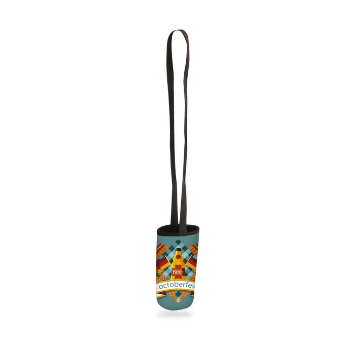 A drink bottle holder in green and black, featuring a lanyard and a decorative design with a logo.