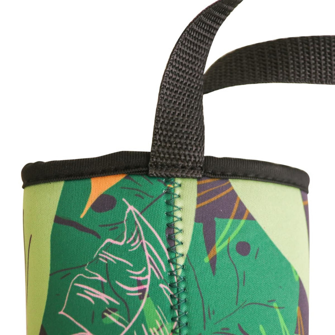 A drink bottle holder in green with a tropical leaf design and a black lanyard for carrying.