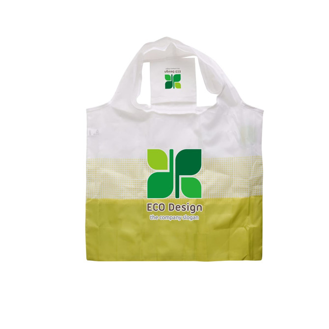 A foldable shopping bag in white and green, featuring a logo and a rectangular handle.