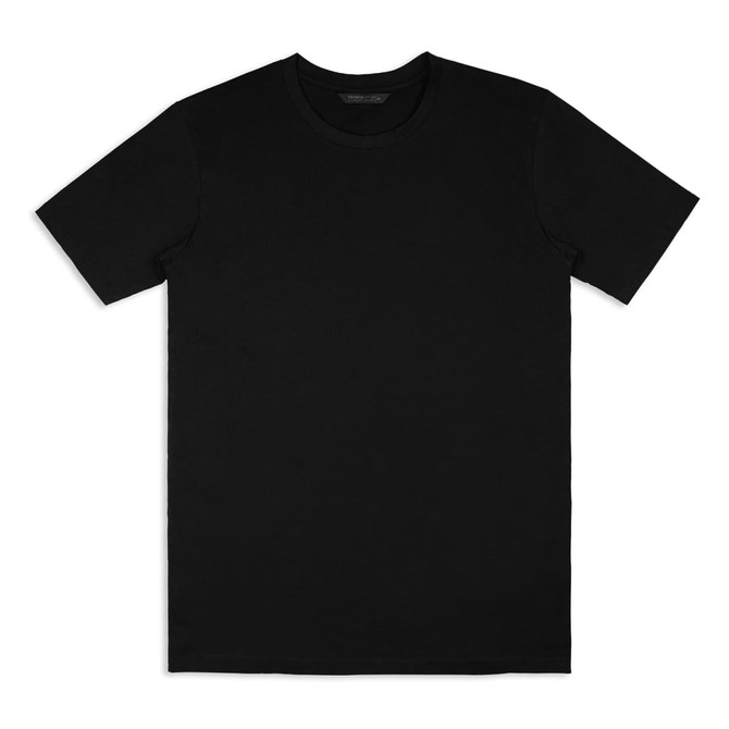 A black unisex T-shirt featuring a round neckline and short sleeves, with a logo on the label.