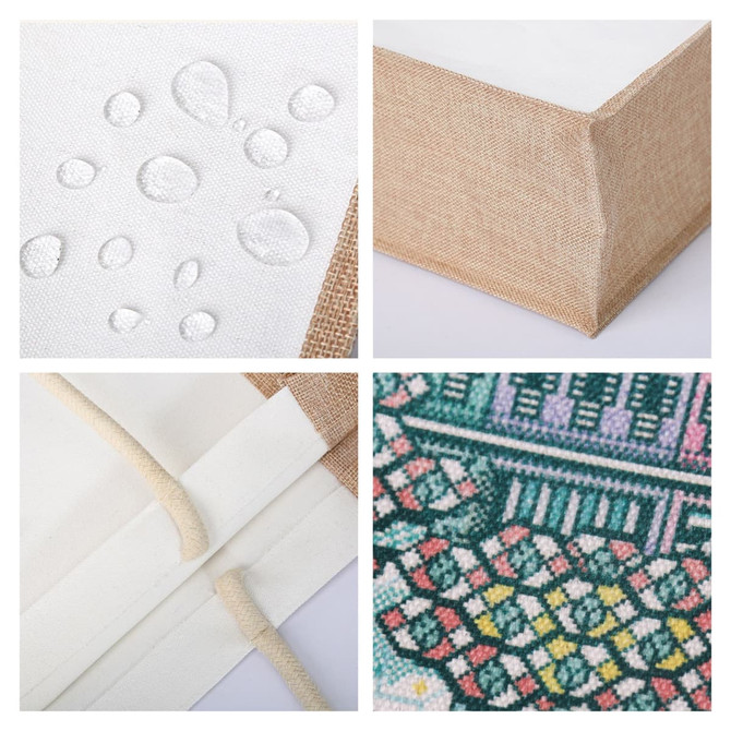 A canvas and jute tote bag featuring a textured surface, water droplets, reinforced edges, and decorative patterns.