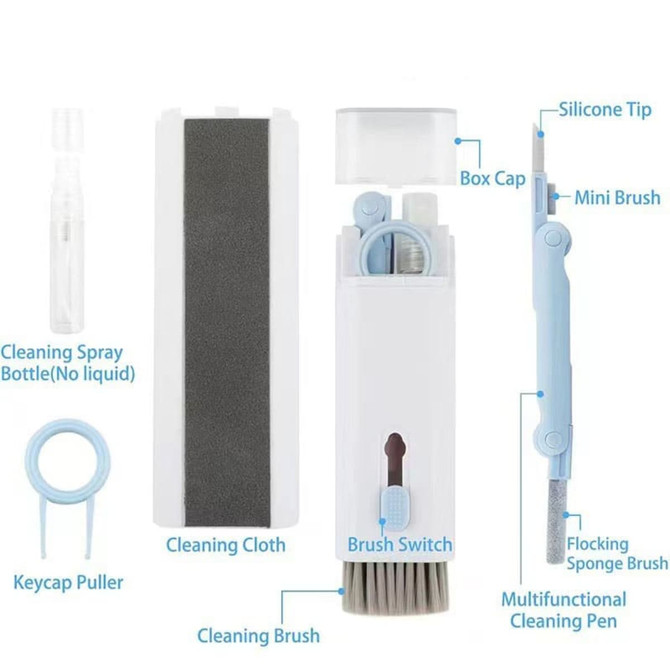 A 7 in 1 cleaning kit featuring a cleaning cloth, spray bottle, brushes, and a keycap puller, in blue and white.