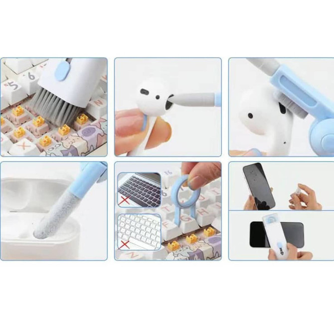 A 7 in 1 cleaning kit featuring accessories in blue and white for cleaning keyboards, AirPods, and screens. Includes a brush and a dust tool.