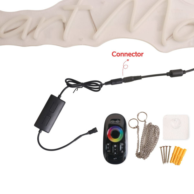 A multi-program neon LED sign with a remote control, connector, and mounting accessories in a range of colours.