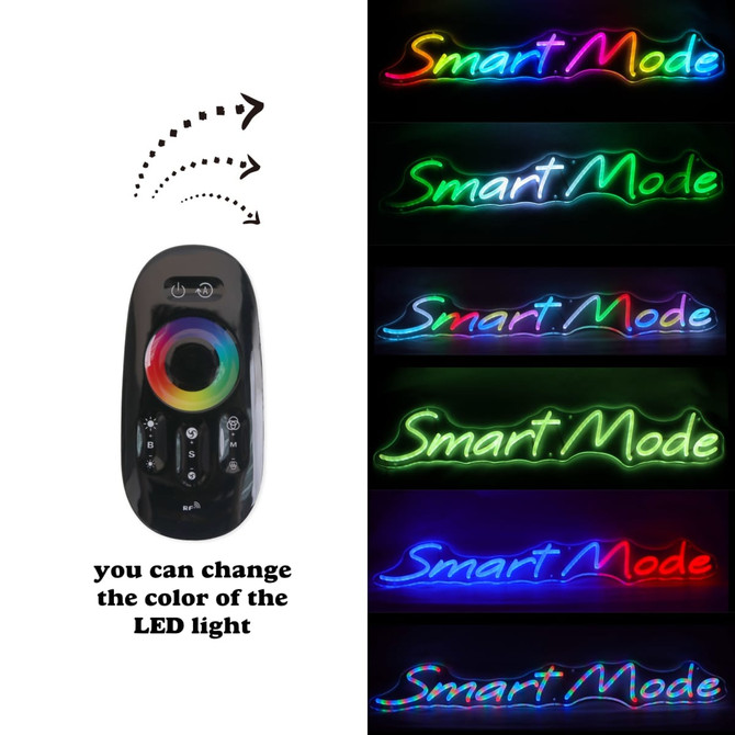 A remote control with a circular colour wheel and buttons next to colourful neon LED text. It includes a logo.