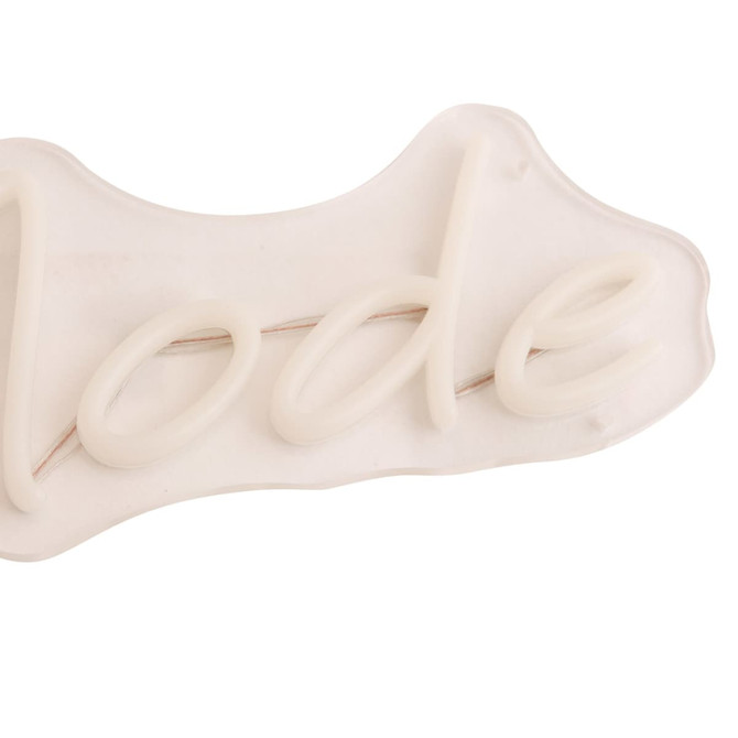 A white neon LED sign with a smooth, curved shape, featuring the word “lode”. The sign has a transparent backing.