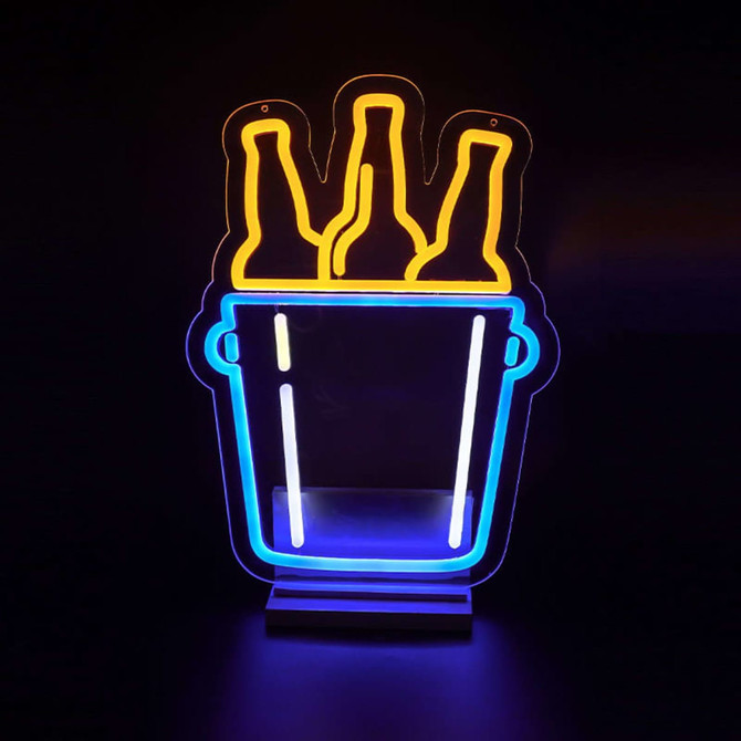 A neon LED sign featuring a bucket with three bottles outlined in orange and blue lights.
