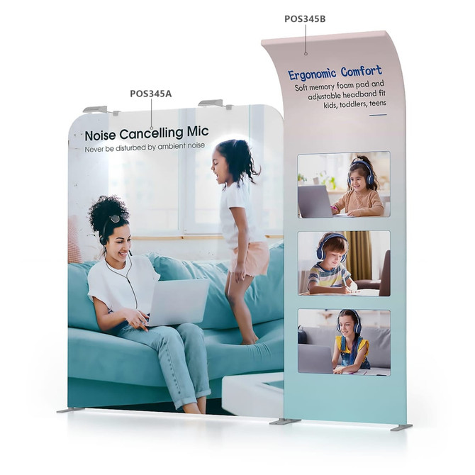 A curved fabric banner stand featuring images of a woman using a laptop and a child wearing headphones, in blue and grey tones.