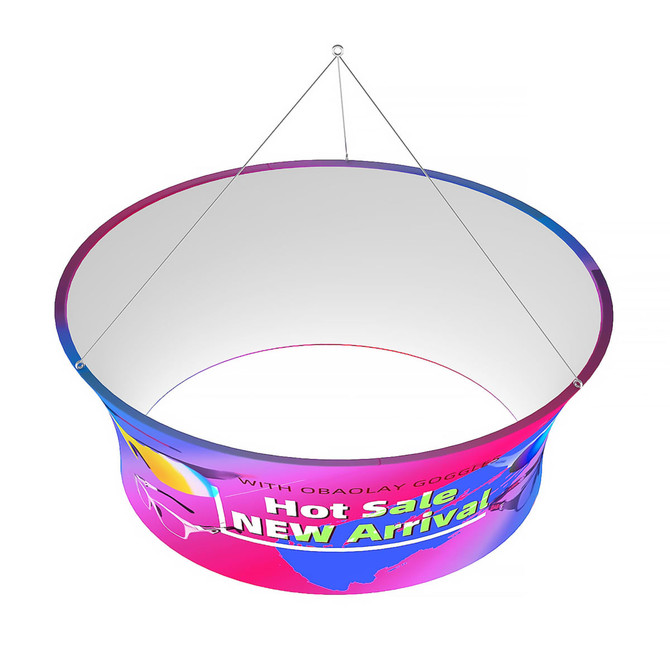 A circular hanging banner with a vibrant pink and blue design featuring a logo. The interior is white.