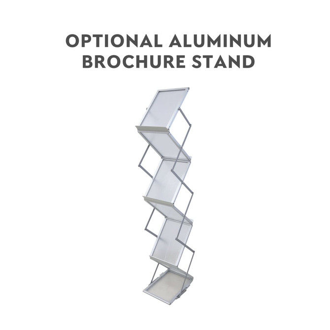 A brochure stand made of aluminium features multiple clear display pockets arranged in a zigzag pattern.