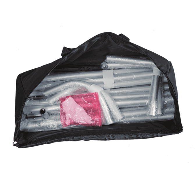 A black carry bag containing various silver and pink assembled parts for a banner stand merchandise display.