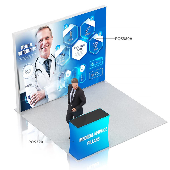 A large backlit display with a medical theme, featuring a doctor image and informational graphics, alongside a sleek counter.