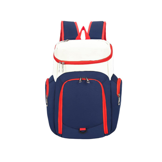 A blue and white backpack with red accents and multiple zippered pockets, featuring a logo.