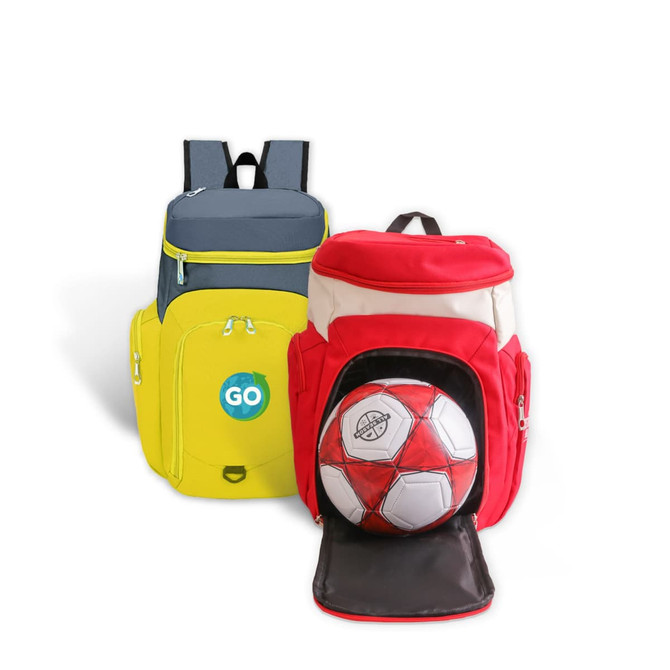 A yellow backpack and a red backpack, each with a logo, featuring compartments for sports balls.