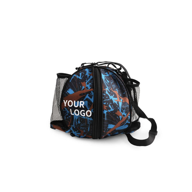 A ball backpack in blue and brown, featuring mesh sides and a zip closure, with a logo displayed prominently.