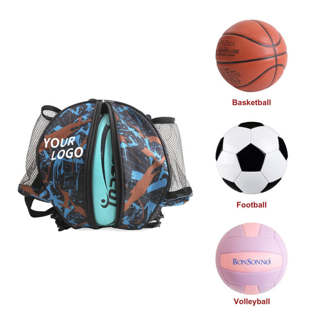 A ball backpack in blue and black design, featuring mesh sides and containing a basketball, football, and volleyball.