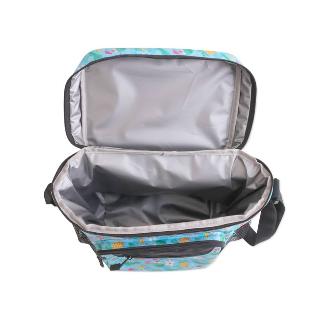 A cooler bag with a colourful exterior featuring patterns, equipped with a strap and a silver-lined interior.