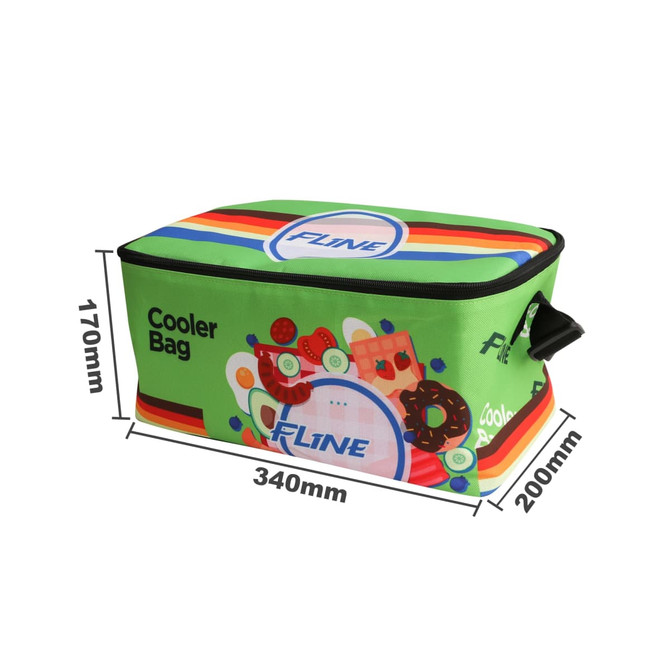 A green sublimation shoulder cooler bag with colourful graphics and a logo, featuring dimensions of 340mm x 200mm x 170mm.