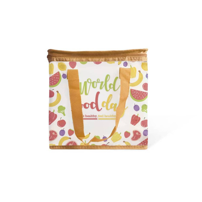 A colourful polyester cooler bag featuring fruit illustrations and gold handles, with a logo on the front.