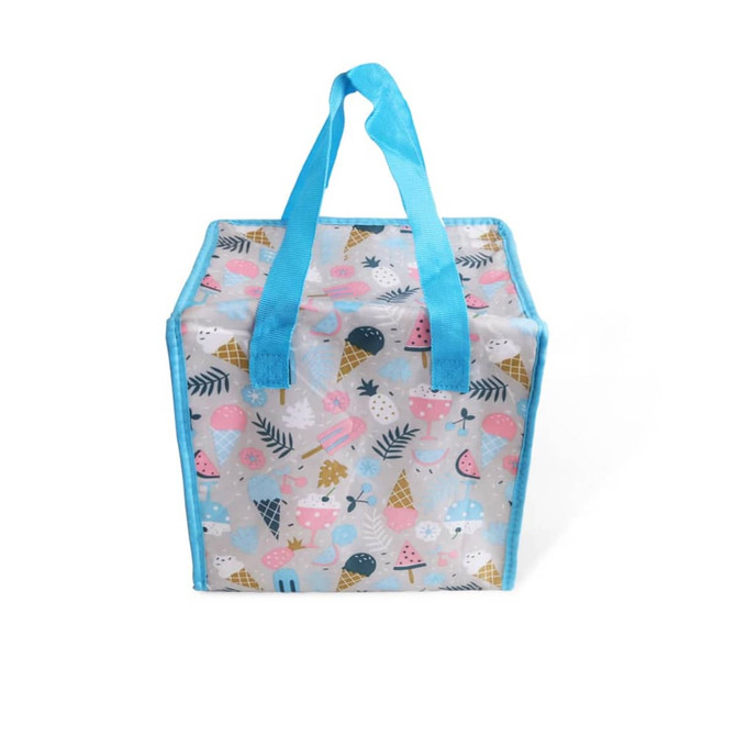 A polyester cooler bag in blue featuring a fun, multi-coloured ice cream and dessert pattern, with sturdy handles.