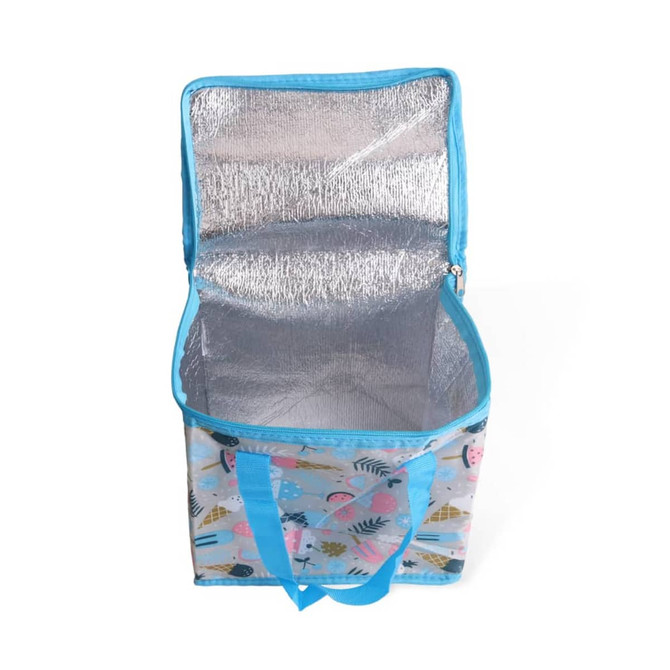 A polyester cooler bag in blue, featuring a colourful pattern and a silver insulated interior. It has a zip closure and handles.