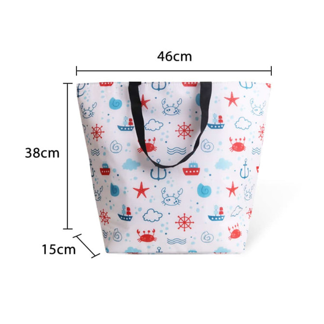 A large cooler tote bag in white, featuring a nautical print with red and blue designs, including boats and sea creatures.