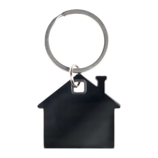 A stainless steel keytag shaped like a house, featuring a keyring attachment for easy carrying.