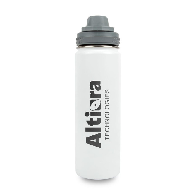 A drink bottle in white with a grey lid and a logo. Ideal for keeping beverages hot or cold.