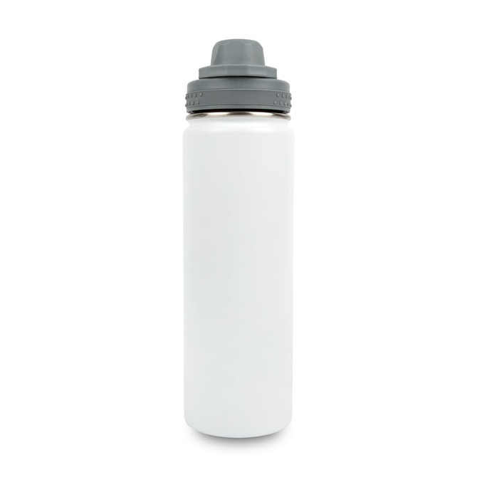 A drink bottle in white stainless steel with a grey cap and a logo on the side.