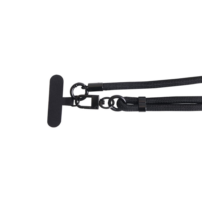 An adjustable phone lanyard in black, featuring a clip and a soft backing for comfort. It has a logo on the attachment.