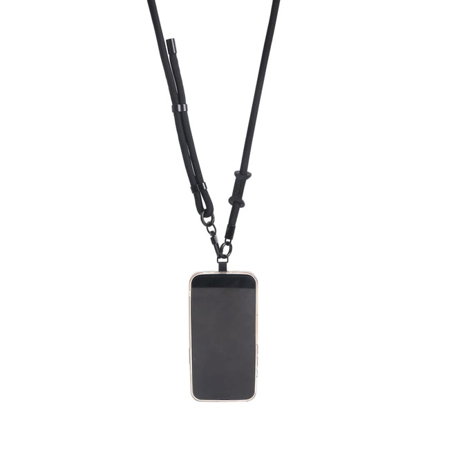 An adjustable black lanyard holds a smartphone, featuring a sturdy attachment with clips.