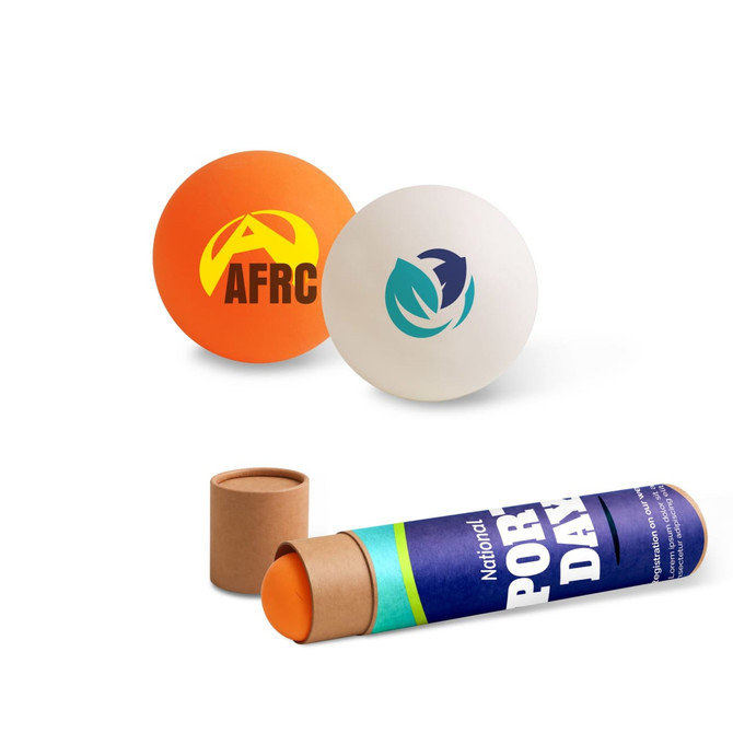 A table tennis ball set featuring two balls in orange and white, packaged in a cylindrical cardboard tube.